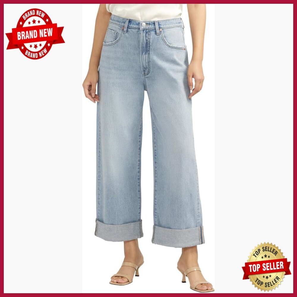Relaxed Fit Mid Rise Wide Leg Cropped Jeans 26" Inseam Cotton Blend